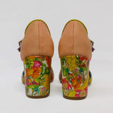 handmade floral peep toe heel with buckle strap back view of pair