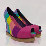 limited edition hand made rainbow multi-color peep toe wedge pump pair side view