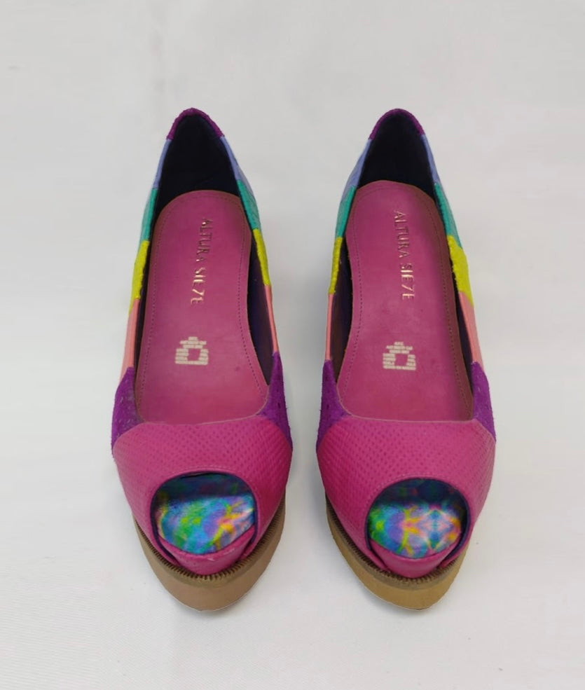 limited edition hand made rainbow multi-color peep toe wedge pump front view