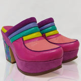 multi-color rainbow hand painted mule slip on clog with heel pair