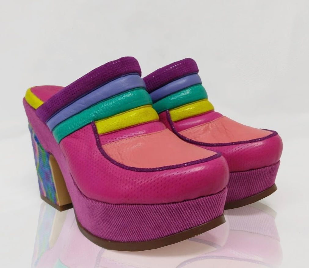 multi-color rainbow hand painted mule slip on clog with heel pair