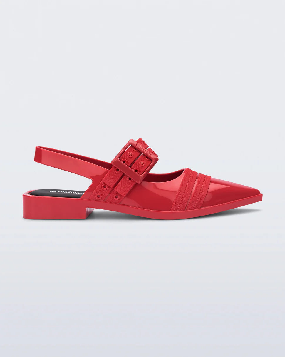 red pointed toe sling back ballerina flat with adjustable buckle front strap and bubblegum scent profile