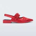 red pointed toe sling back ballerina flat with adjustable buckle front strap and bubblegum scent profile