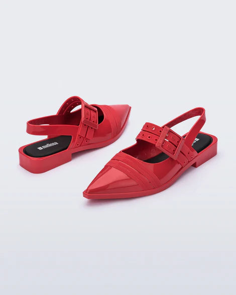 red pointed toe sling back ballerina flat with adjustable buckle front strap and bubblegum scent pair