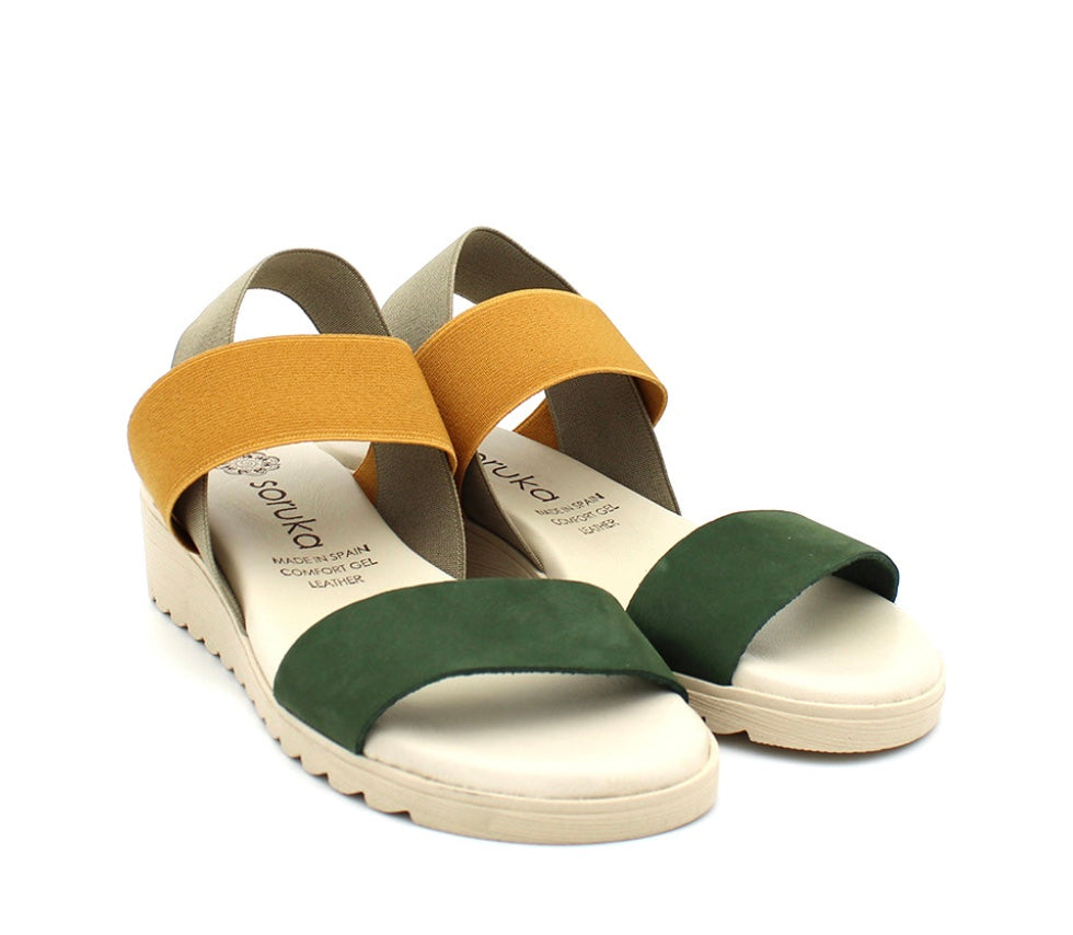 green and yellow strappy platform sandal pair