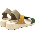 green and yellow strappy platform sandal pair from back