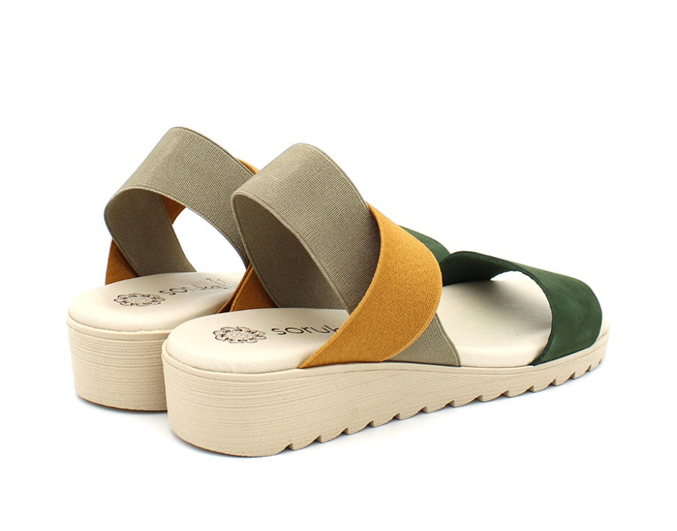green and yellow strappy platform sandal pair from back