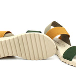 green and yellow strappy platform sandal pair, side and bottom