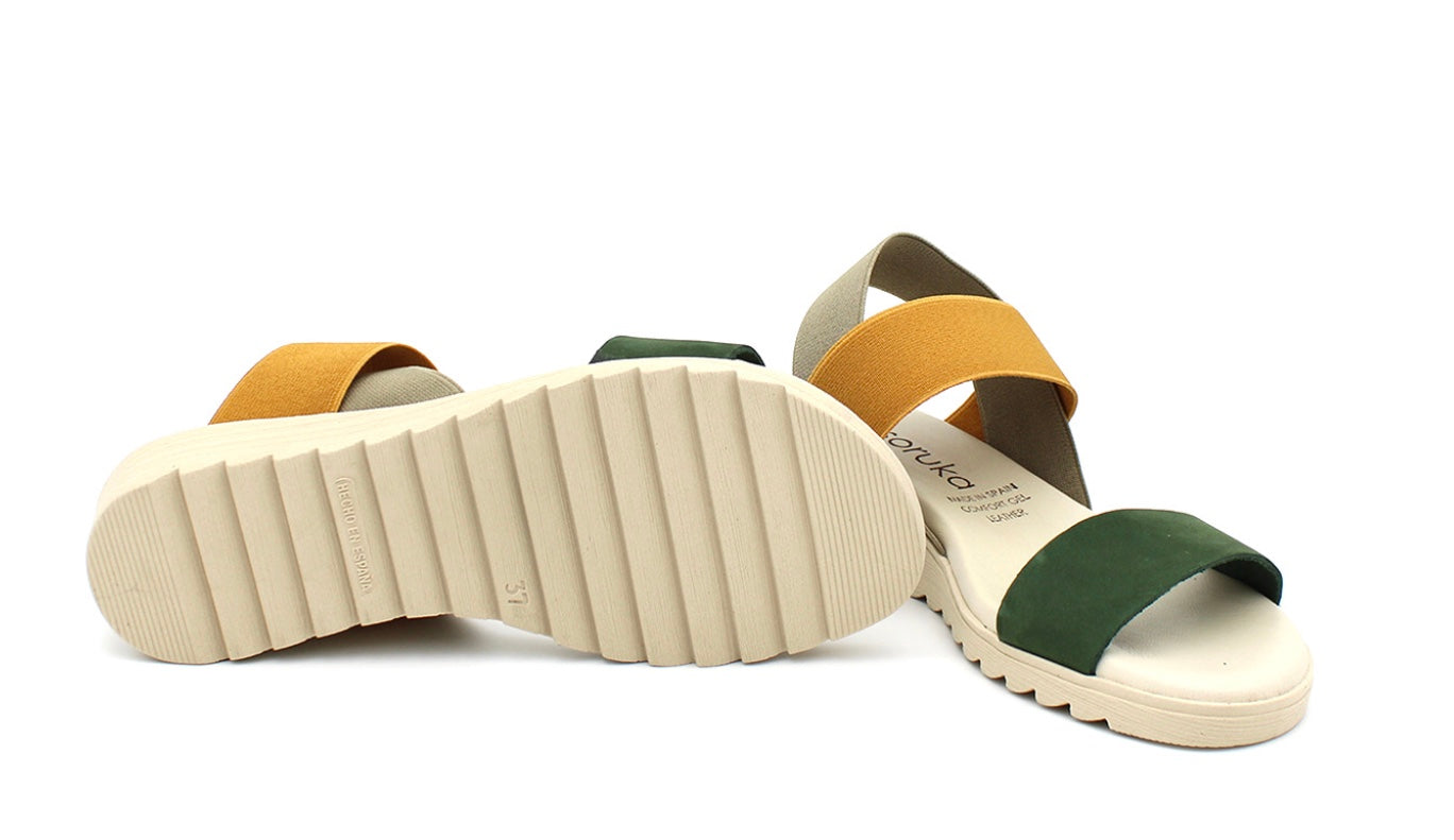 green and yellow strappy platform sandal pair, side and bottom