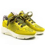 neon colored perforated platform sneaker with metallic back detail and patterned laces pair