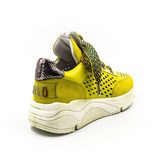 neon colored perforated platform sneaker with metallic back detail and patterned laces back view