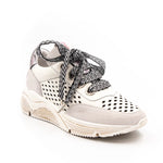neutral colored perforated platform sneaker with metallic detail backing and patterned laces side profile
