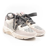 neutral colored perforated platform sneaker with metallic detail backing and patterned laces pair