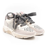 neutral colored perforated platform sneaker with metallic detail backing and patterned laces pair