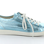 blue metallic perforated low top sneaker with white laces side