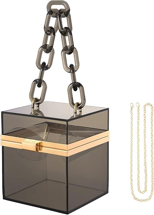 clear rectangular acrylic clutch handbag with detachable chain