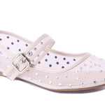 nude off white mesh flat buckle strap with rhinestone detail up close