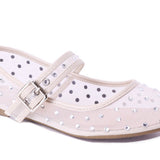 nude off white mesh flat buckle strap with rhinestone detail up close