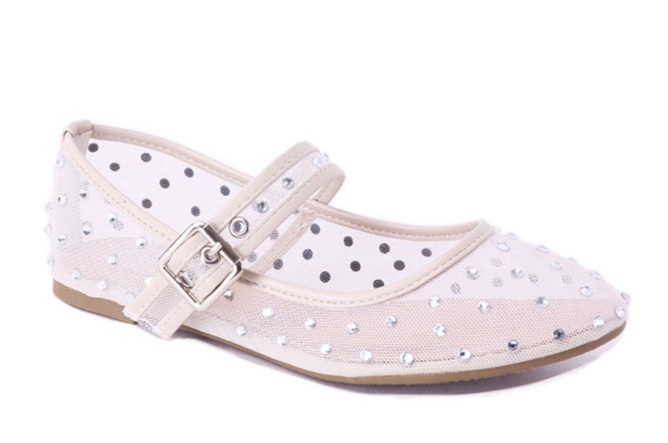 nude off white mesh flat buckle strap with rhinestone detail up close