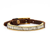 Rebel baguette crystal bar skinny bracelet. 18K gold finish with black diamond crystals. Genuine Italian vintage brown leather.