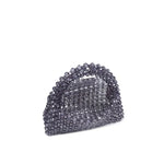 iridescent black beaded evening bag with handle and removable strap inside of bag