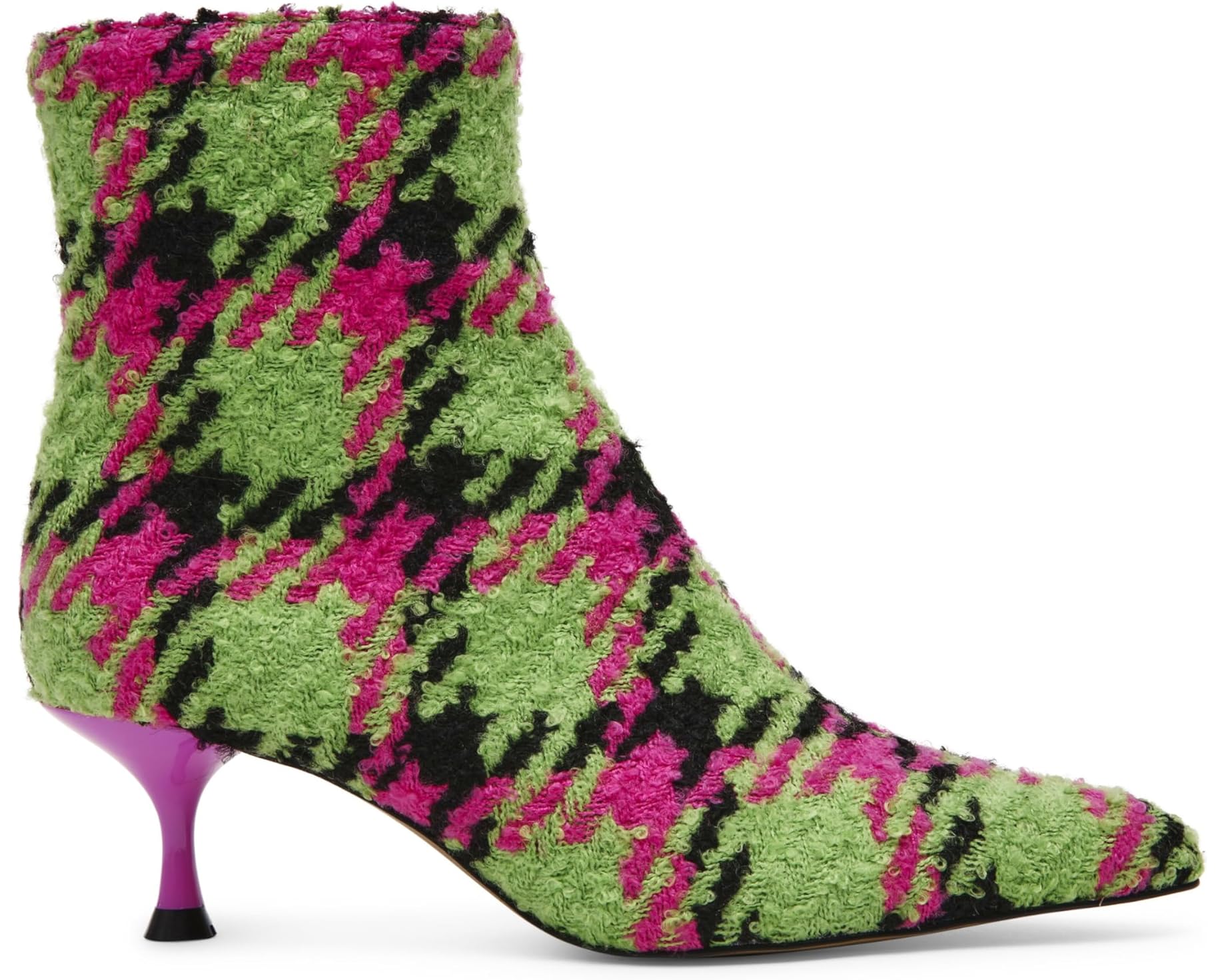 pink, green, and black houndstooth inspired kitten heel bootie by Betsey Johnson with side zipper close up of pattern detail