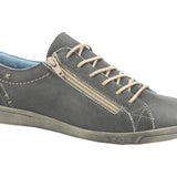 The CLOUD® Aika sneaker in dark grey features an Italian leather upper, contrast stitching, lace-up and side zip closure, round-toe silhouette, and flexible rubber outsole side profile