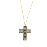 baguette crystal cross pendant necklace features 18K gold finish with black diamond crystal accents on a 16" fine chain with lobster clasp closure. Handcrafted in Brooklyn.