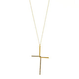 interlocked half crystal pave cross necklace features 18K gold finish over brass with black diamond crystal accents on a 16" brass chain with lobster clasp closure. Handmade in New York.