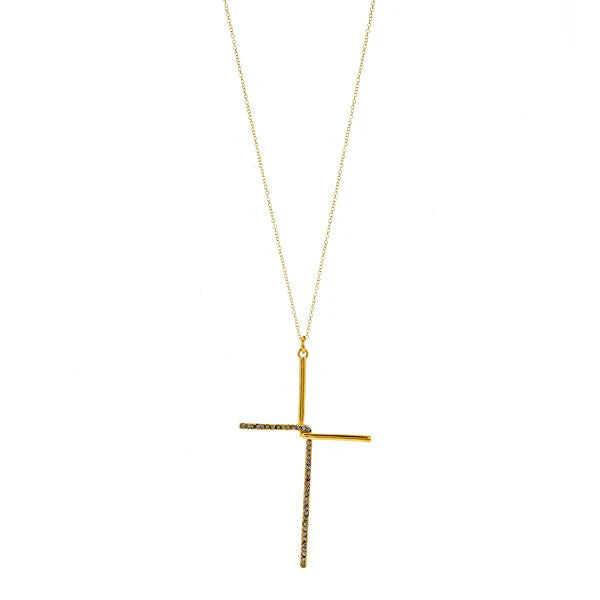 interlocked half crystal pave cross necklace features 18K gold finish over brass with black diamond crystal accents on a 16" brass chain with lobster clasp closure. Handmade in New York.