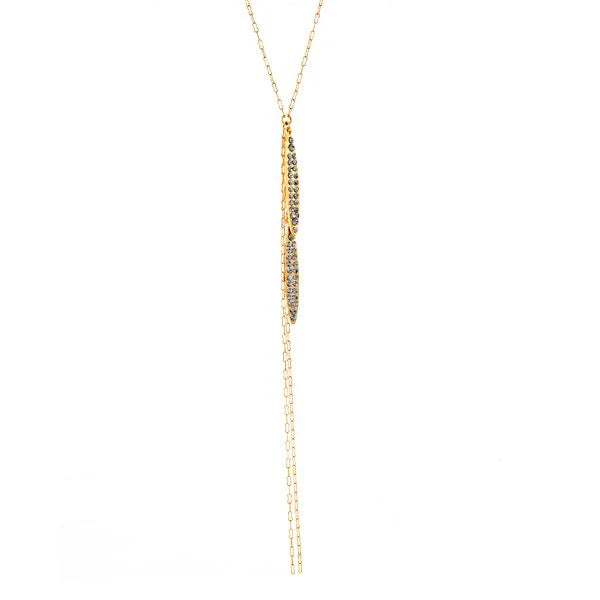 double crystal leaf necklace features an 18K gold finish with black diamond crystal accents on a 16" chain with lobster clasp closure. Handmade in New York.