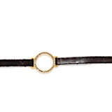 open circle bracelet with skinny leather band features 18K gold plating and vintage brown leather with black diamond crystal accents. Handmade in New York.