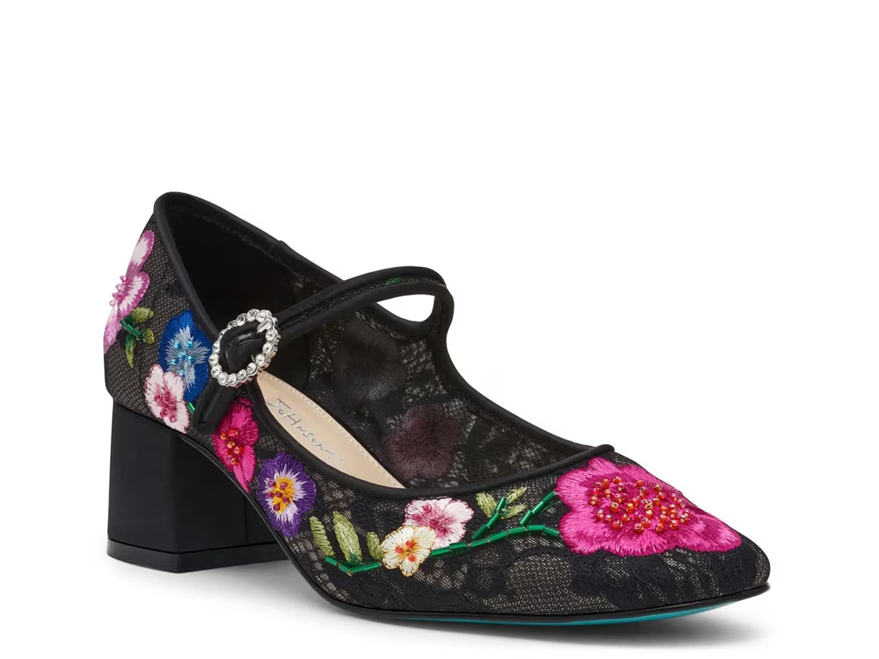 black mary jane pump heel mesh shoe with colorful flower embroidery detail and rhinestone encrusted buckle by Betsey Johnson side front