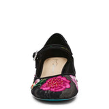 black mary jane pump heel mesh shoe with colorful flower embroidery detail and rhinestone encrusted buckle by Betsey Johnson front
