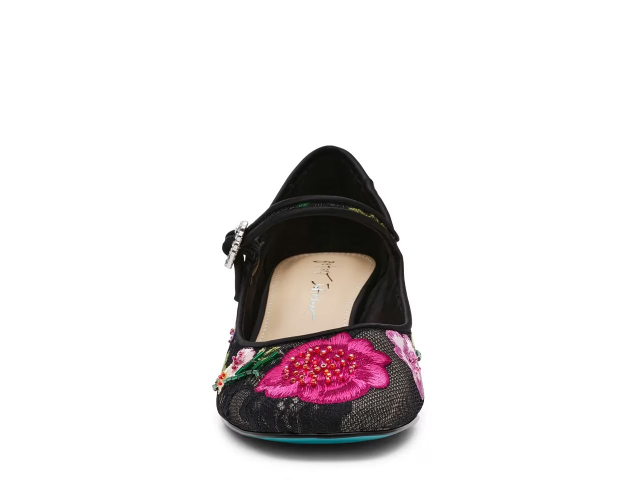 black mary jane pump heel mesh shoe with colorful flower embroidery detail and rhinestone encrusted buckle by Betsey Johnson front