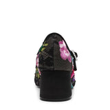black mary jane pump heel mesh shoe with colorful flower embroidery detail and rhinestone encrusted buckle by Betsey Johnson back