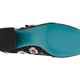 black mary jane pump heel mesh shoe with colorful flower embroidery detail and rhinestone encrusted buckle by Betsey Johnson blue bottom