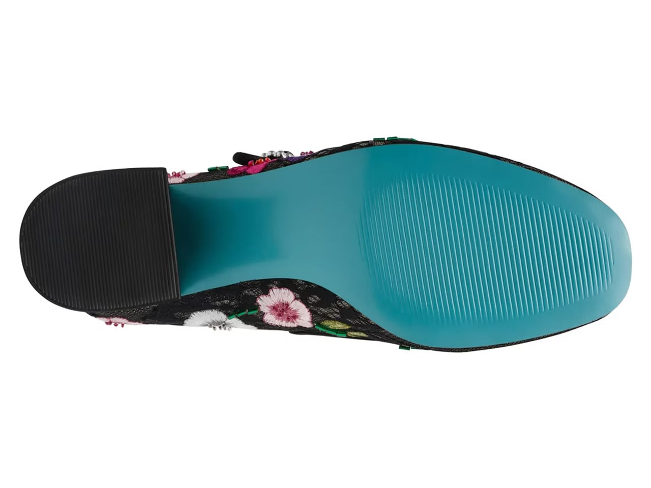 black mary jane pump heel mesh shoe with colorful flower embroidery detail and rhinestone encrusted buckle by Betsey Johnson blue bottom