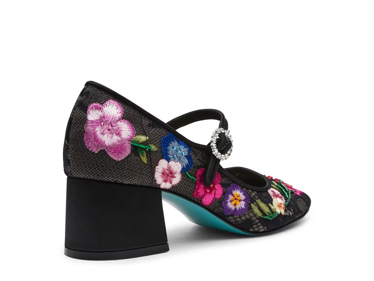 black mary jane pump heel mesh shoe with colorful flower embroidery detail and rhinestone encrusted buckle by Betsey Johnson side back