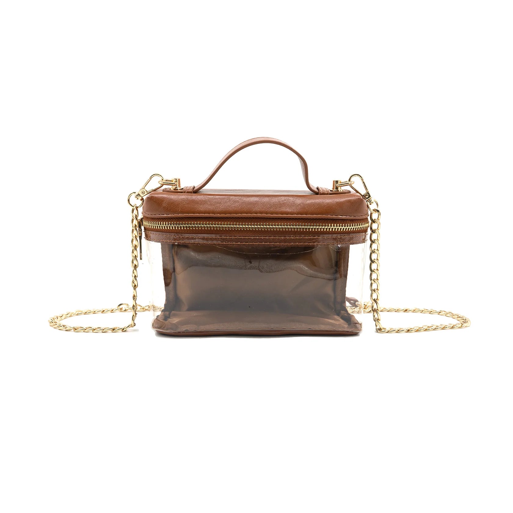 Brown handbag with clear front section and gold chain strap on a white background