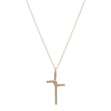 small interlocked crystal cross necklace features 18K gold finish with black diamond crystal accents on a 16" brass chain with lobster clasp closure. Handmade in New York.