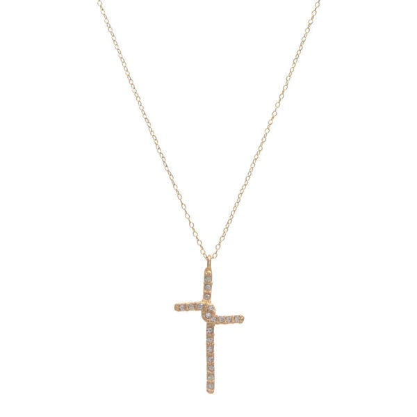 small interlocked crystal cross necklace features 18K gold finish with black diamond crystal accents on a 16" brass chain with lobster clasp closure. Handmade in New York.