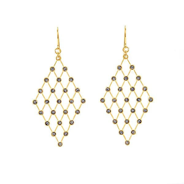 Diamond lattice crystal earrings featuring 18K gold finish with black diamond crystals. Handmade in New York.