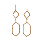 geometric double drop earrings feature 18K gold finish with black diamond crystals. Handmade in New York