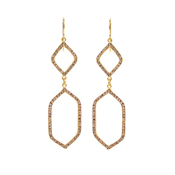 geometric double drop earrings feature 18K gold finish with black diamond crystals. Handmade in New York
