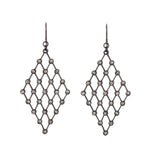 Diamond shaped mesh earrings featuring antique brass finish with black diamond crystals. Handmade in New York