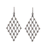 Diamond shaped mesh earrings featuring antique brass finish with black diamond crystals. Handmade in New York