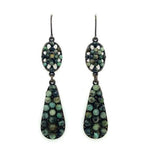 double drop earrings feature an antique brass finish with semi precious stones. Brass ear wire. Handcrafted in Brooklyn.