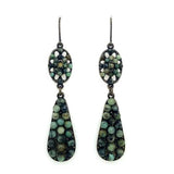 double drop earrings feature an antique brass finish with semi precious stones. Brass ear wire. Handcrafted in Brooklyn.