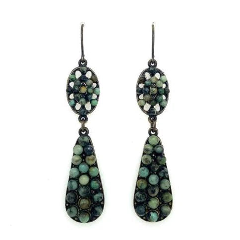 double drop earrings feature an antique brass finish with semi precious stones. Brass ear wire. Handcrafted in Brooklyn.